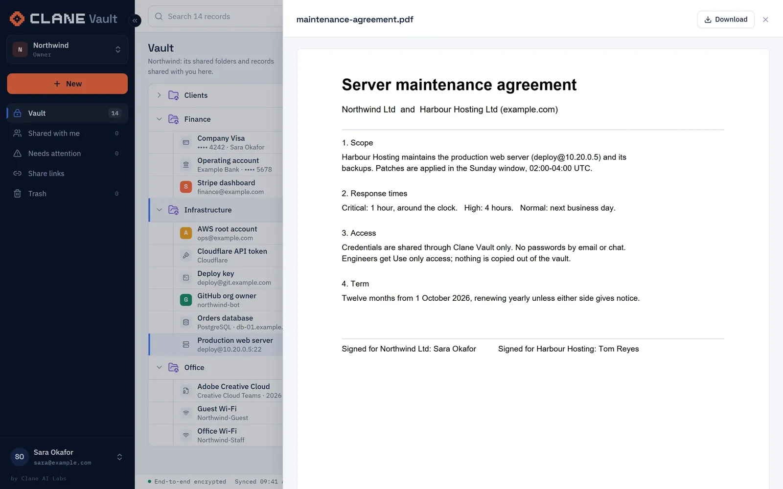An encrypted PDF attachment, a server maintenance agreement, previewed inside the vault