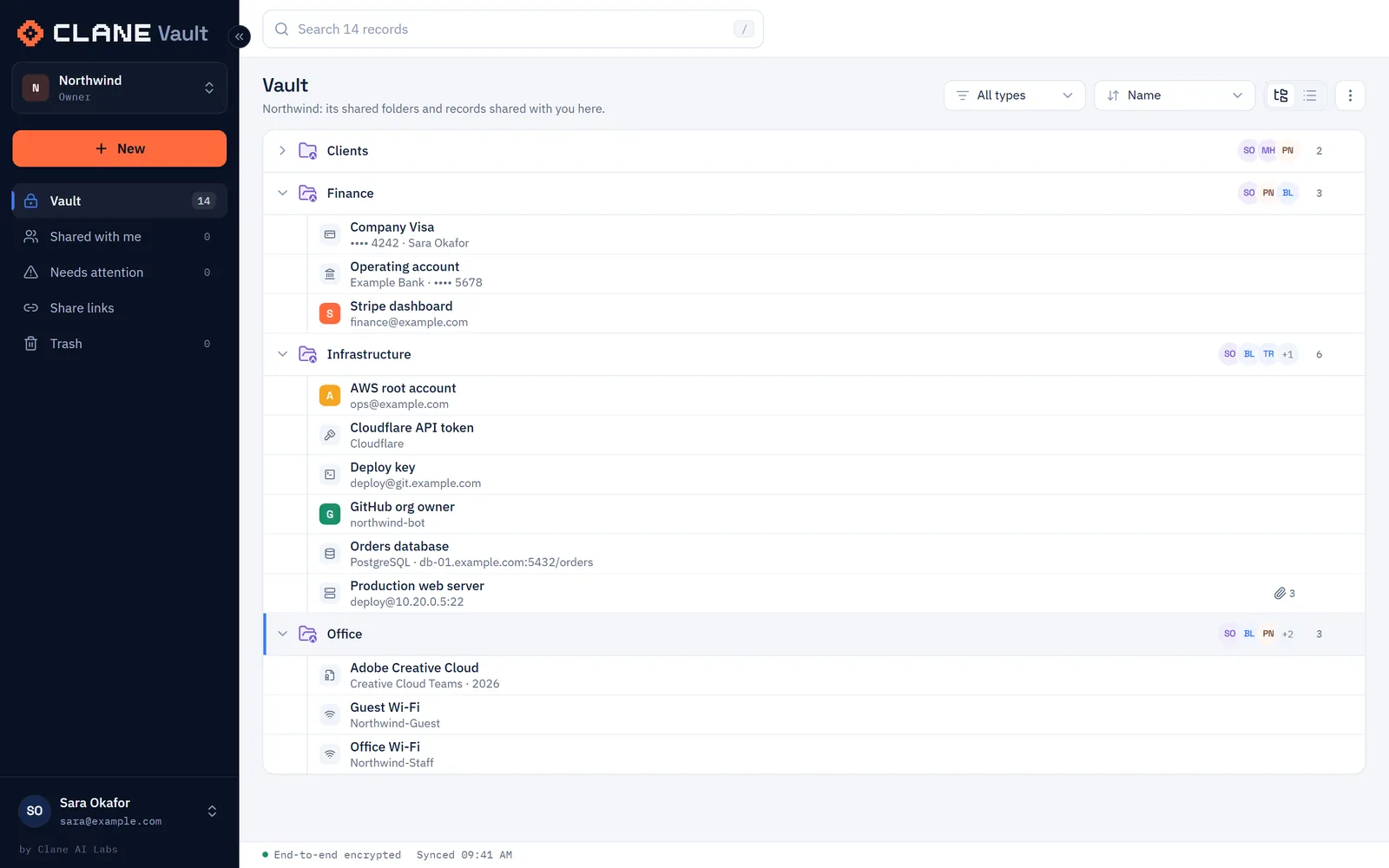 Clane Vault web app: the Northwind vault with shared folders and records of many types, including a payment card showing only its last four digits, a bank account, an API token, an SSH key, a database, a server with three files, a software licence and Wi-Fi networks